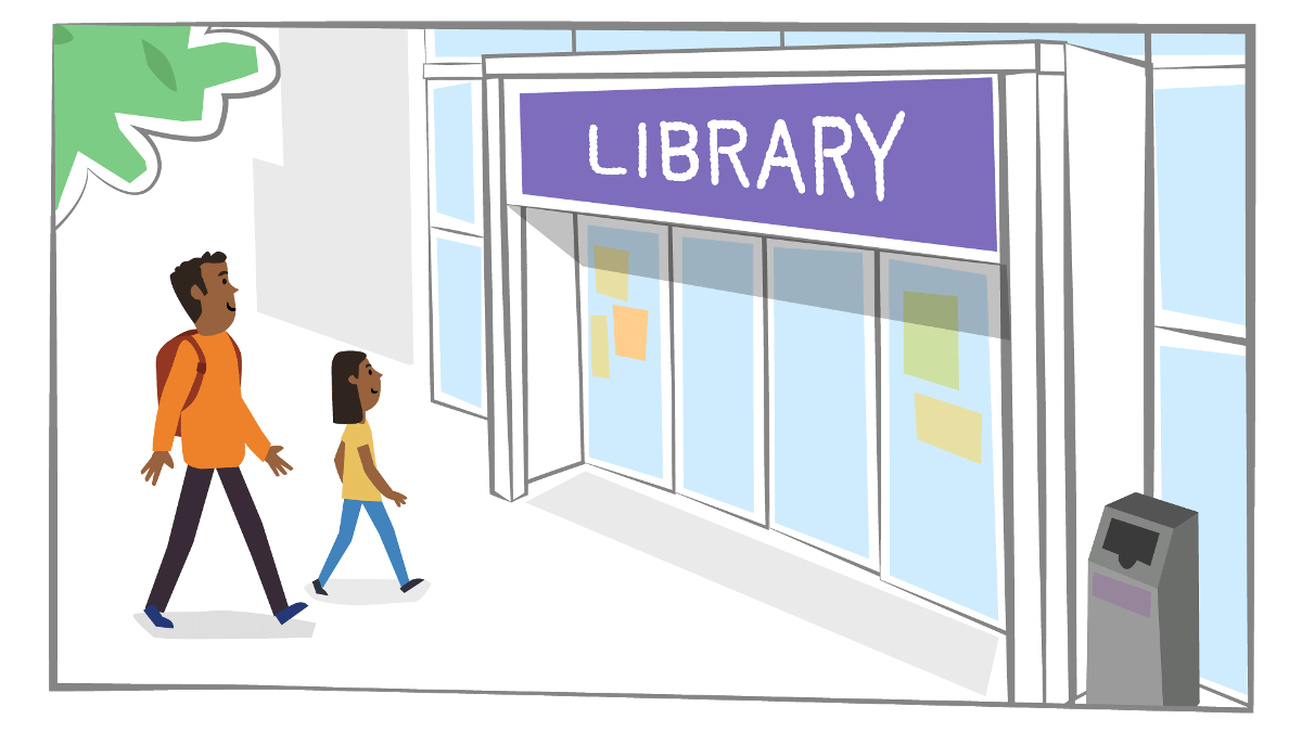 Parent and Child Visit Local Library Graphic